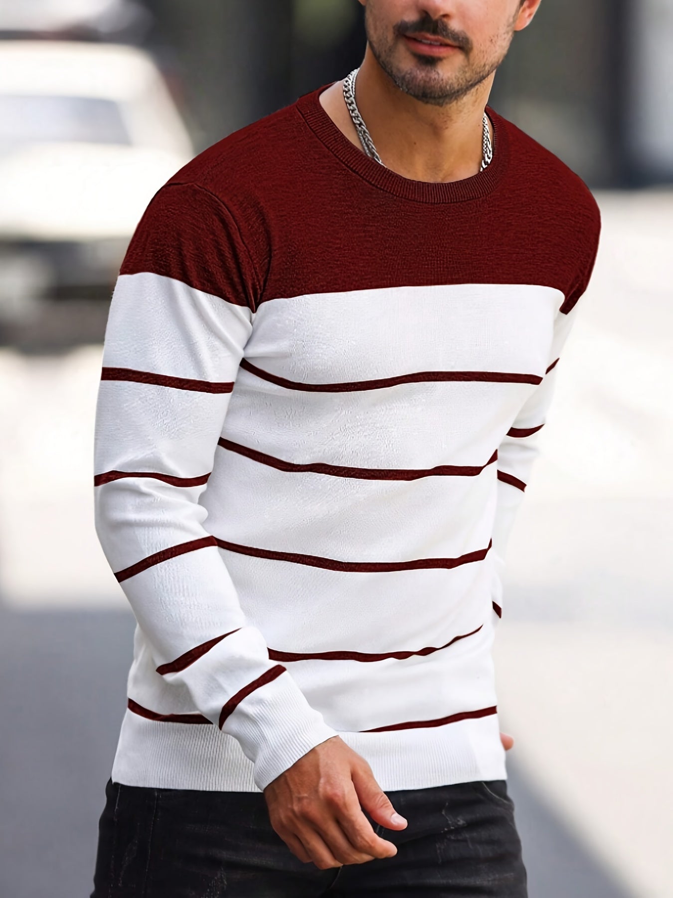 Men's Casual Striped Knit Pullover Sweater - Navy & White Contrast, Regular Fit H-Silhouette, Long Sleeve Crew Neck, Medium Stretch, Machine Washable for Spring & Fall, Mediumstretch Fabric