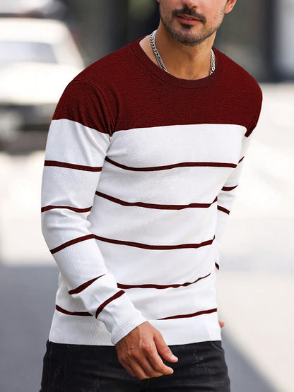 Men's Casual Striped Knit Pullover Sweater - Navy & White Contrast, Regular Fit H-Silhouette, Long Sleeve Crew Neck, Medium Stretch, Machine Washable for Spring & Fall, Mediumstretch Fabric