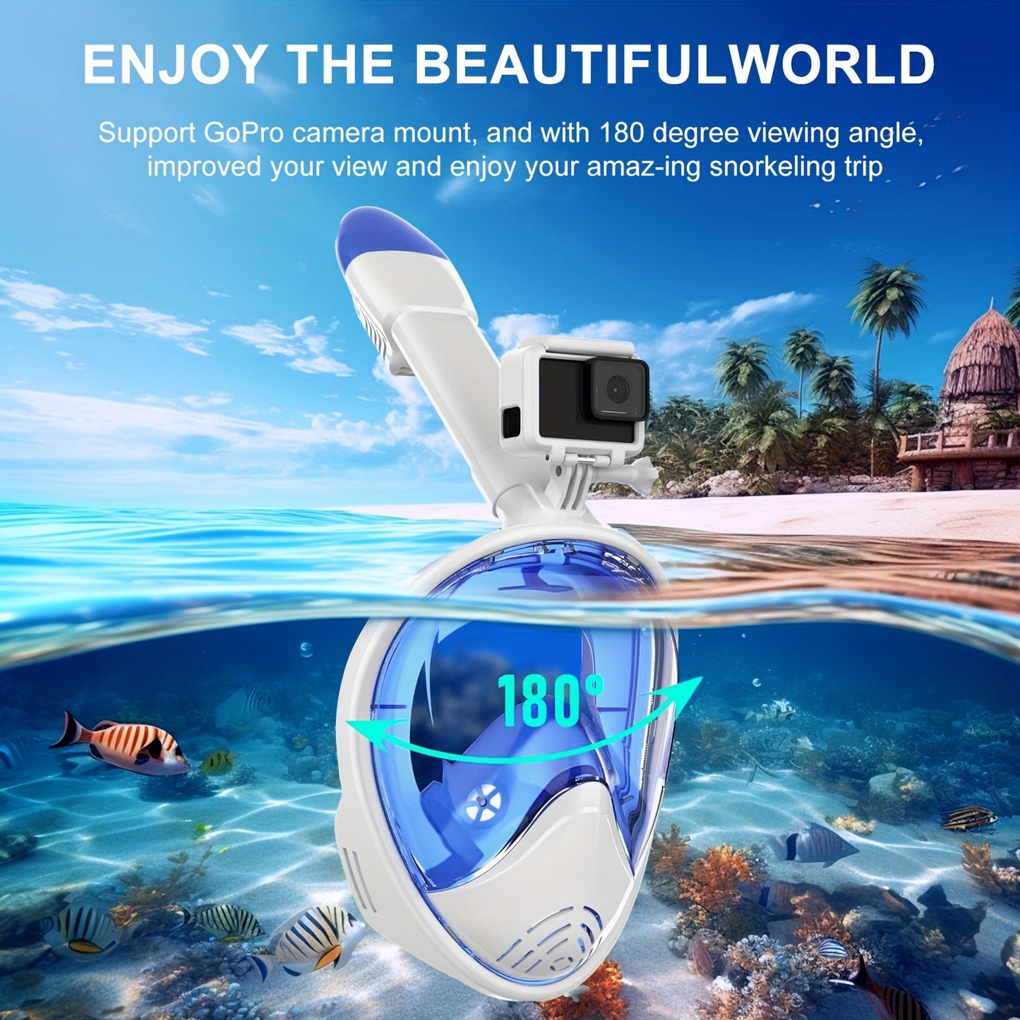 Adult Full-Face Snorkeling Mask with 180° Wide-View Panoramic Design, Detachable Camera Mount & Leakproof Seal - Black, 2 Sizes for Men & Women, Beach Vacation Gear, Durable Snorkeling Gear