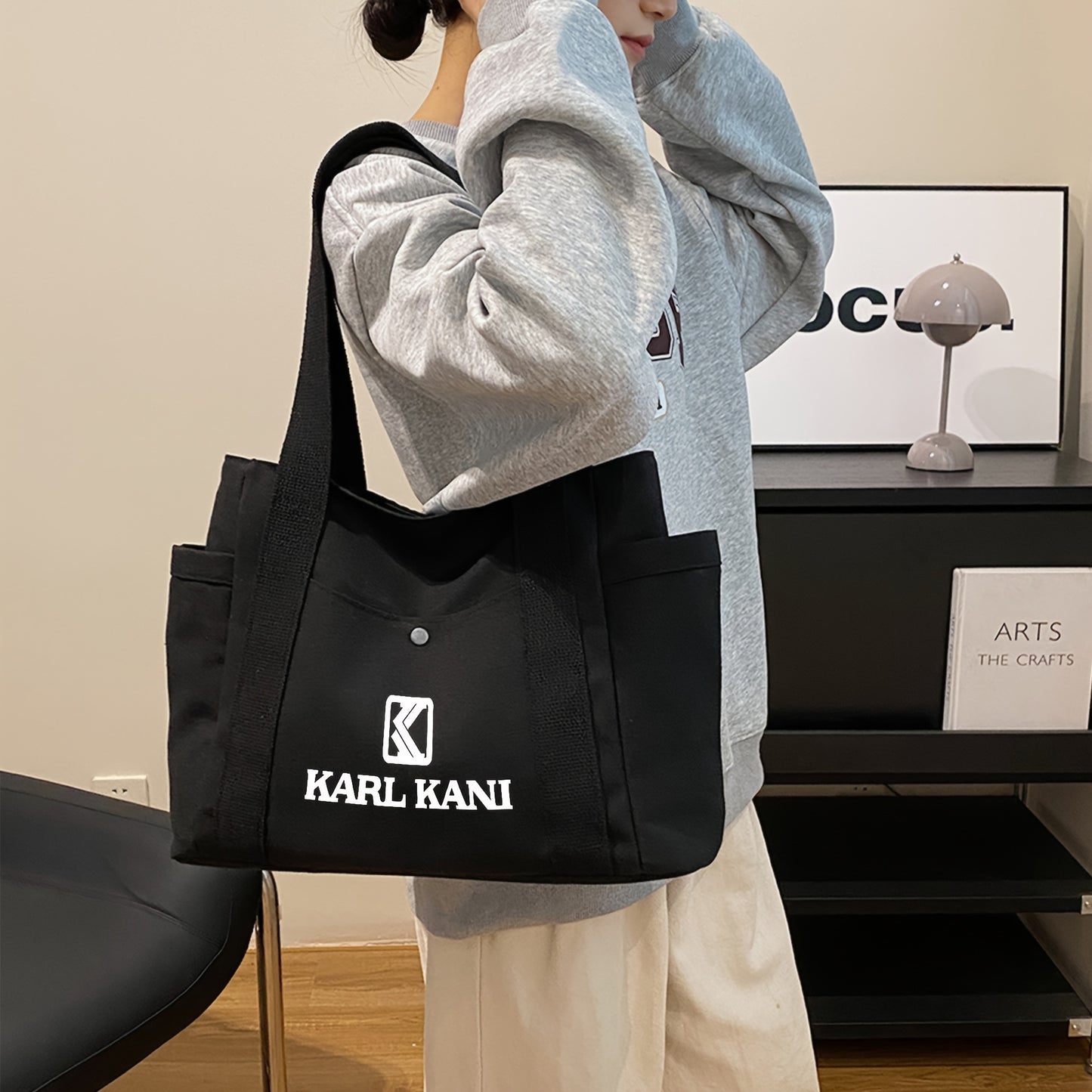 Karl Kani Women'S Large Capacity Tote Bag - Lightweight Durable Polyester Shoulder Bag with Zipper Closure, Stylish Black & White Print Design, Perfect for Shopping, Commuting, and Travel, Versatile Carryall | Minimalist Desi