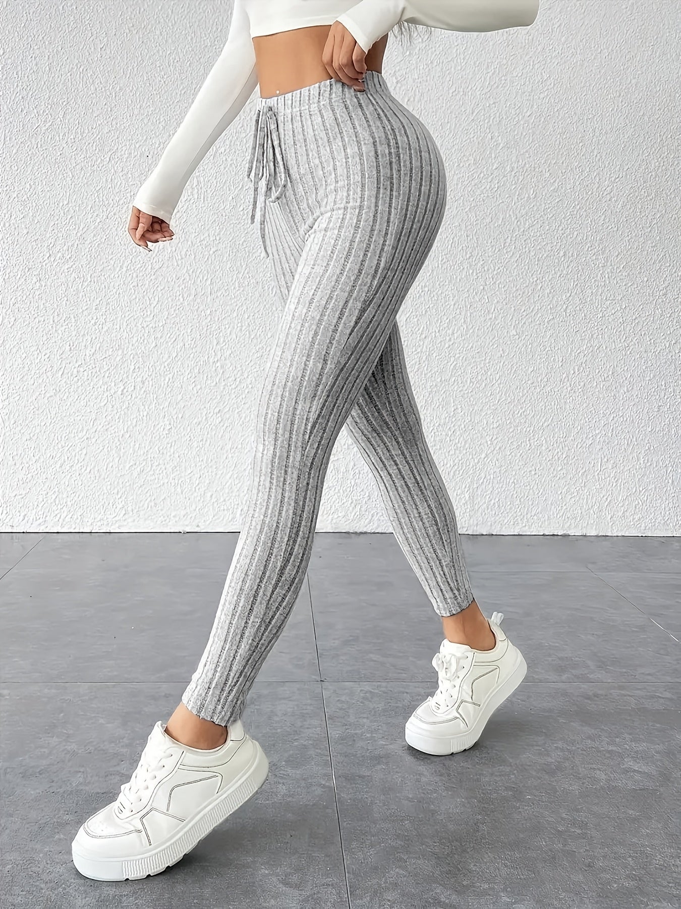 Women's Tie Waist Ribbed Bodycon Leggings - Medium-Stretch All-Season Casual Pants, Solid Color Non-See-Through Machine Washable for Casual Attire & Layering, High Waisted Leggings, Versatile Bottoms, Sleek Fit, Comfortable F