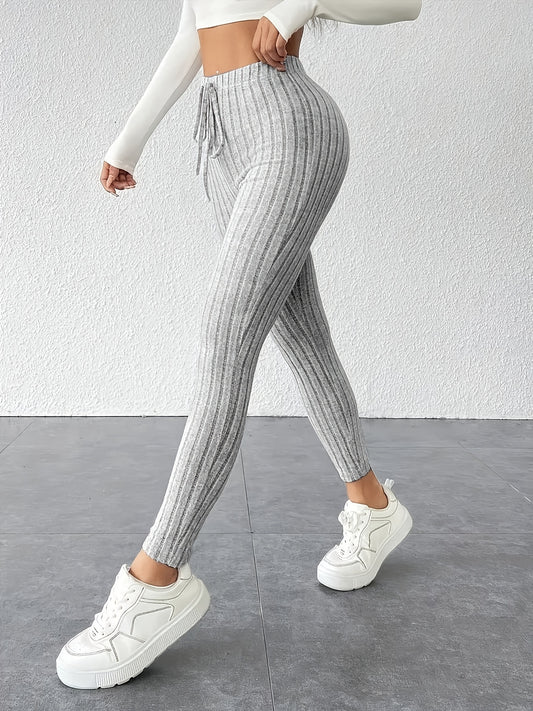 Women's Tie Waist Ribbed Bodycon Leggings - Medium-Stretch All-Season Casual Pants, Solid Color Non-See-Through Machine Washable for Casual Attire & Layering, High Waisted Leggings, Versatile Bottoms, Sleek Fit, Comfortable F