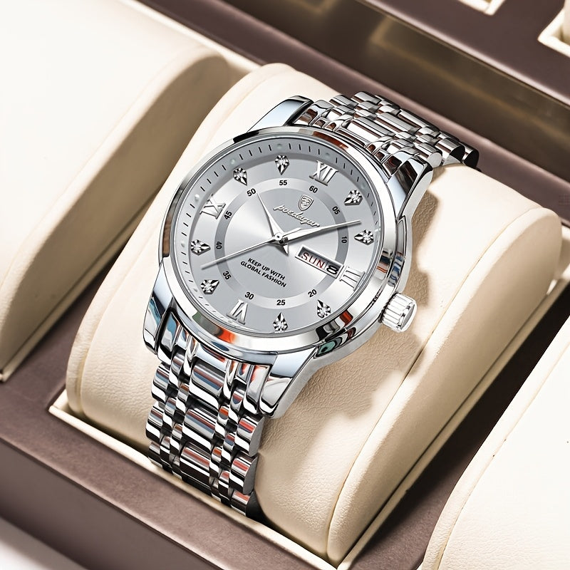 1pc Men's Fashion Stainless Steel Quartz Watch with Date Function, Rhinestone Accents, Luminous Hands, Round Dial - Casual Style, Battery Powered, Water Resistant, Ideal Gift for Birthdays and Anniversaries