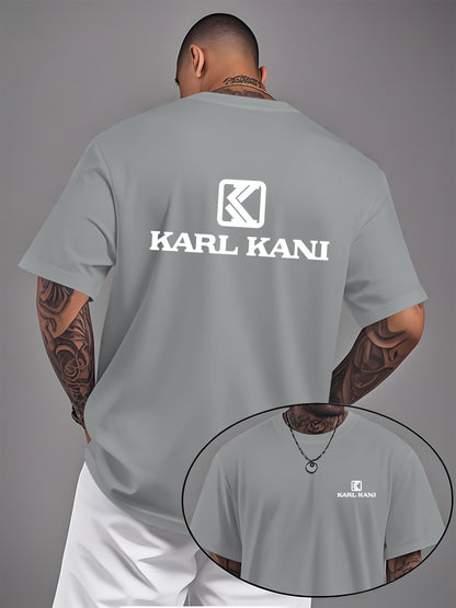 Men'S Casual Crew Neck T-Shirt with "KARL KANI" Graphic - Breathable, Moisture-Wicking, Short Sleeve, Regular Fit, Geometric Pattern, Ideal for Home & Outdoor Activities, All-Season Comfort, Outdoor Clothing | Relaxed Fit Shi