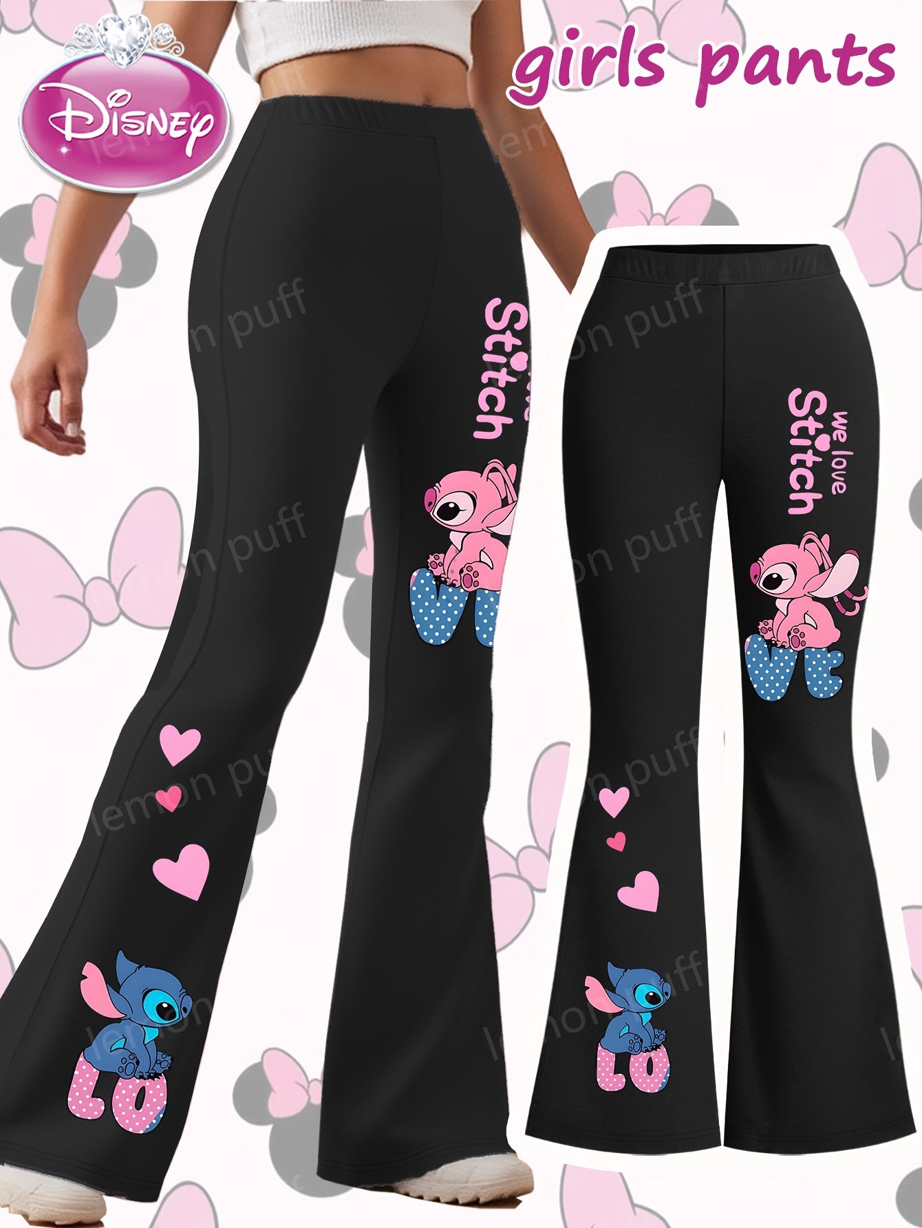 Disney Stitch Girls' Flare Pants - Official Stitch Character Design with Bell Bottoms, Grey with Pink Accents, Machine Washable Birthday Outfit for Disney Fans (Kids Girls) - Perfect Gift for Stitch Lovers, Everyday Kids Clot