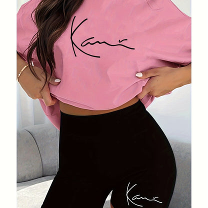 New fashionable casual creative pattern printed Women's fashion set, spring and summer new fashionable casual round neck T-shirt&sports shorts two-piece set