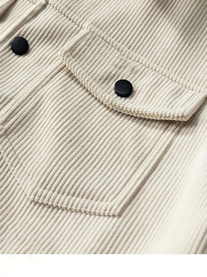 Men'S Plus Size Corduroy Bomber Jacket - Casual Workwear with Snap Buttons, Flap Pockets, and Polyester Lining - Machine Washable, Autumn & Spring Fashion, Casual Outerwear | Casual Jacket | Polyester Lining Jacket