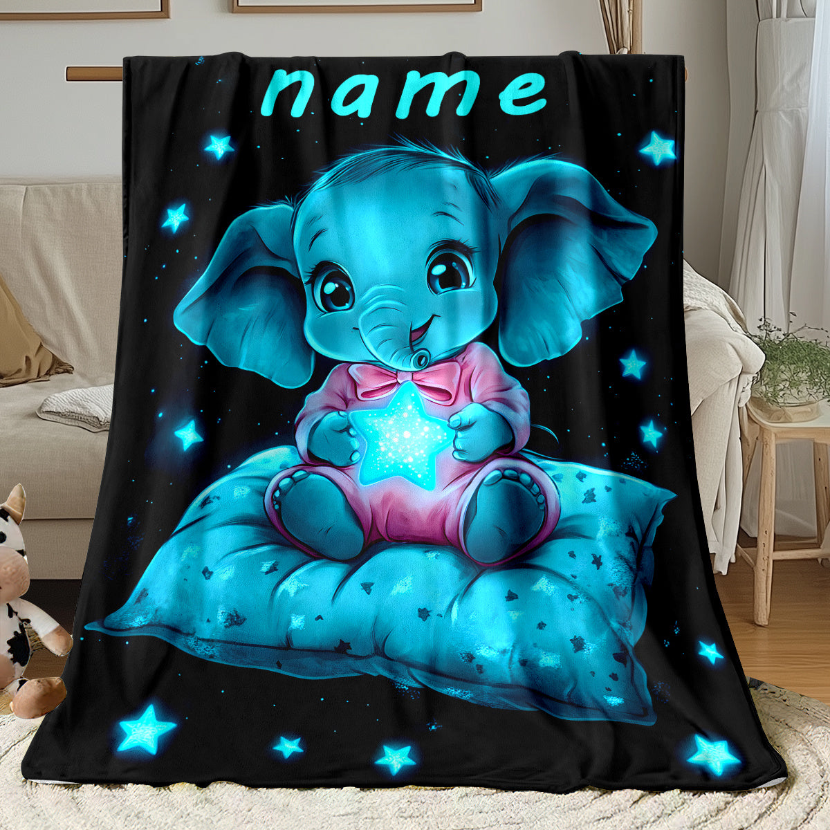 [Whimsical Charm] Personalized Name Starry Night Elephant Blanket – Soft Flannel, Lightweight & Warm – Cute Youngsters Elephant Design with Glowing Stars – Perfect for Sofa, Bed, Travel, Camping, and Gifting – 80.01x1