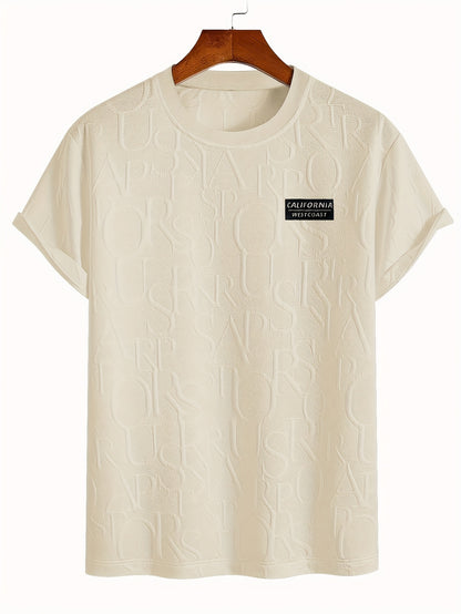 Men's Summer Casual Short Sleeve T-Shirt - Relaxed Fit Round Neck with Vertical Letter Print & Elastic Cuffs, Breathable Fabric for Daily Wear, Commuting & Outdoor Activities, Shirts for Summer