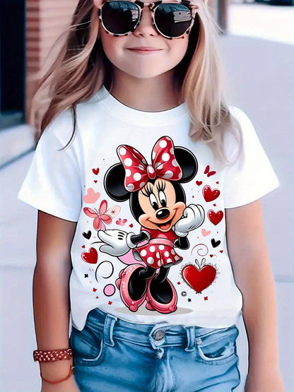 New Arrival - Cute Girl in Glasses Graphic Tee for Kids, Vibrant Yellow Cartoon T-Shirt with Minnie Mouse Design, Short Sleeve, Round Neck, Casual & Comfortable for Summer, Fall, Spring, Everyday Holiday Top|Playful Design|Co