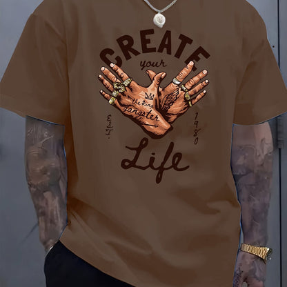 Men's Short-Sleeve T-Shirt with Inspirational "CREATE Your Own Life" Print & Prayer Hands Design - Elastic Round Neck, Breathable Fabric for Summer Outdoor Activities, Casual Comfort Fit, Machine Washable, Artistic Lifestyle