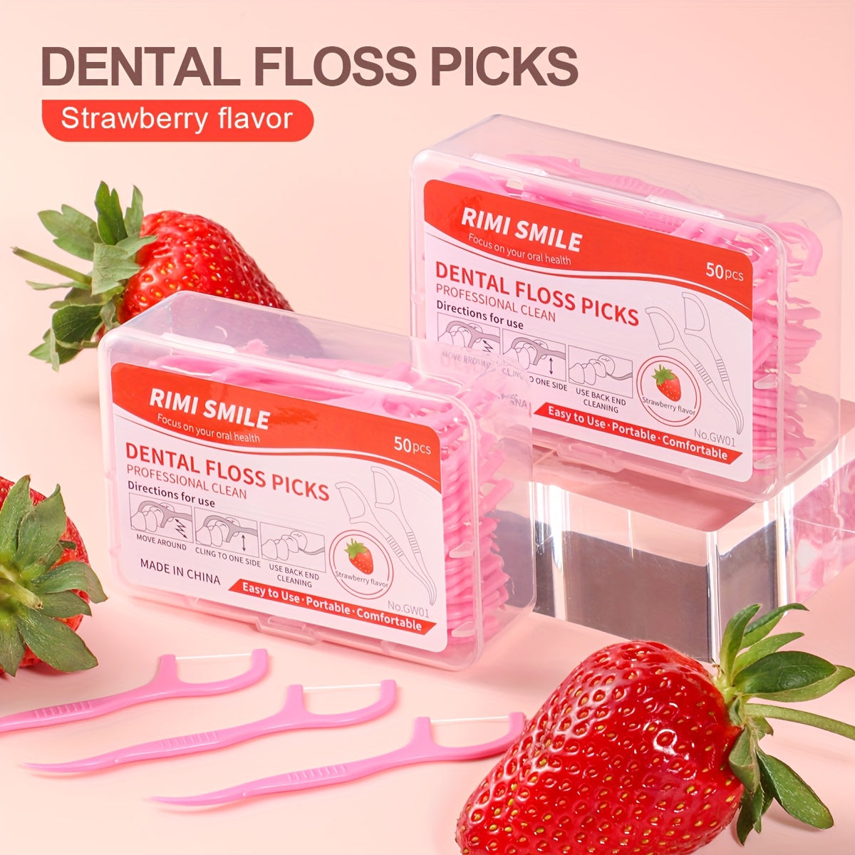 50/150pcs Strawberry Flavor Dental Floss Sticks, Small and Convenient, Polyethylene (PE), Alcohol Free, for Personal Intercalary Cleaning