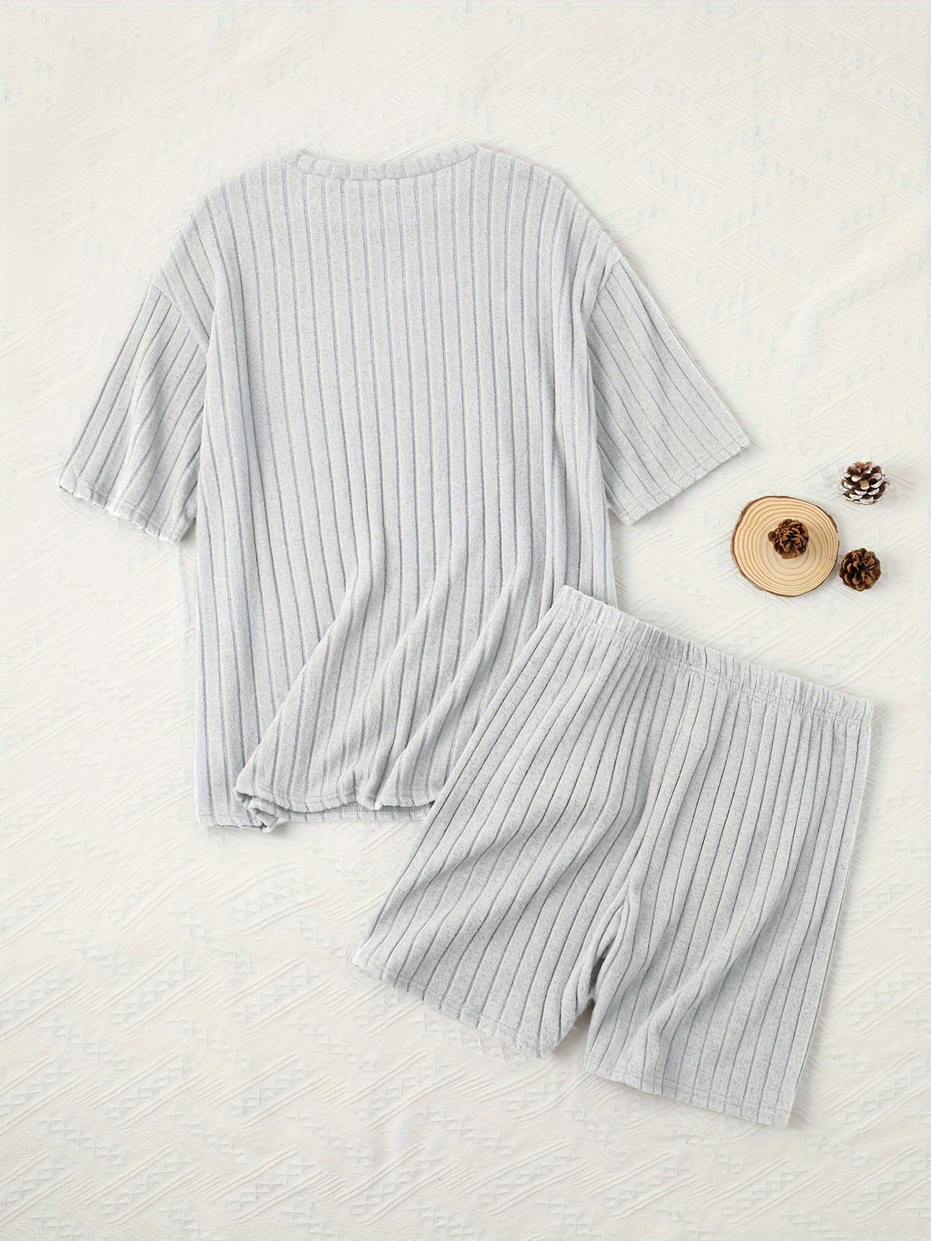 Women's Casual Lounge Set, Plus Size Solid Ribbed Short Sleeve Round Neck Top & Shorts Pajamas 2 Piece Set