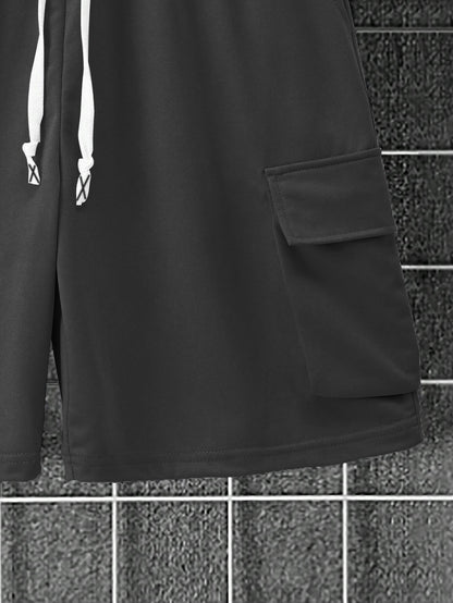 New Loose Fit Breathable Men's Crew Neck Short Sleeve T-Shirt and Workwear Style Multi-Pocket Shorts Set, Summer Casual Sportswear Two-Piece Outfit, Stylish Versatile Top and Pants for Both Men and Women