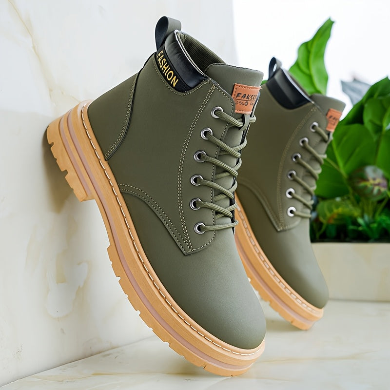 Men'S Olive Green Casual Boots - Comfortable Lace-Up Ankle Boots with Thick Cushioned PVC Sole, Round Toe & Breathable Fabric Lining for All-Season Wear, Everyday Footwear, Minimalist Design, Durable Construction