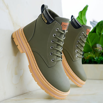 Men'S Olive Green Casual Boots - Comfortable Lace-Up Ankle Boots with Thick Cushioned PVC Sole, Round Toe & Breathable Fabric Lining for All-Season Wear, Everyday Footwear, Minimalist Design, Durable Construction