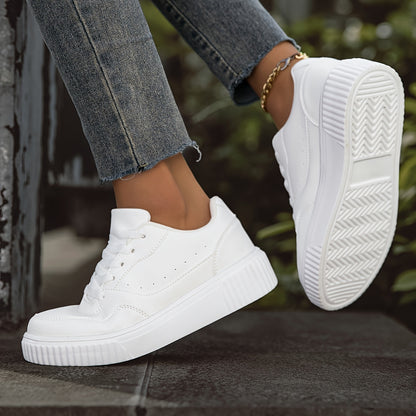 Women's White Low-Top Casual Sneakers - Lightweight Comfortable Lace-Up Shoes with Synthetic Cover Upper, EVA Cushioned Sole & Breathable Fabric Lining for All-Season Versatile Wear, Shoe Laces for Sneakers, Minimalist Design