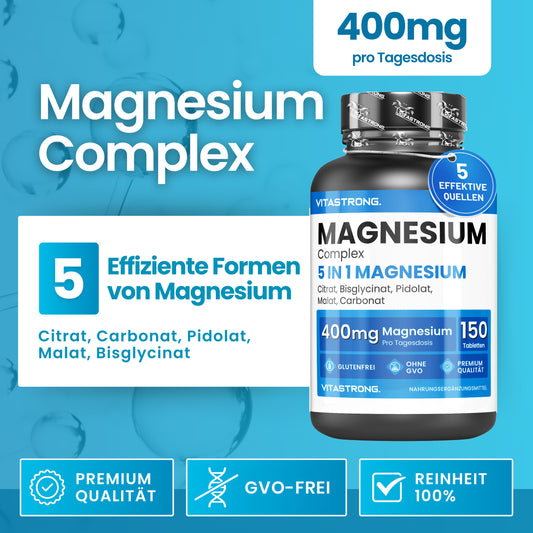 Magnesium Complex 5-In-1, 400Mg Per Serving, 5 Magnesium Sources: Bisglycinate (Magnesium Glycinate), Magnesium Citrate, Malate, Pidolate, Carbonate, 150 Tablets, Pure Magnesium Premium Quality Vitastrong