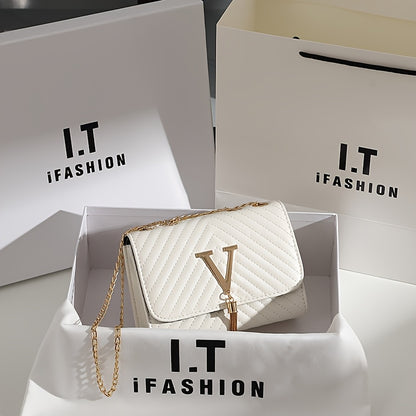 Women's Synthetic Leather Interlocking Link Crossbody Handbag & Wallet-like Detachable Strap - Golden-Tone Hardware, Closure, Golden-Tone Chain Strap, Golden-Tone Logo Accent - Elegant Synthetic Leather Purse with Closure, Wi