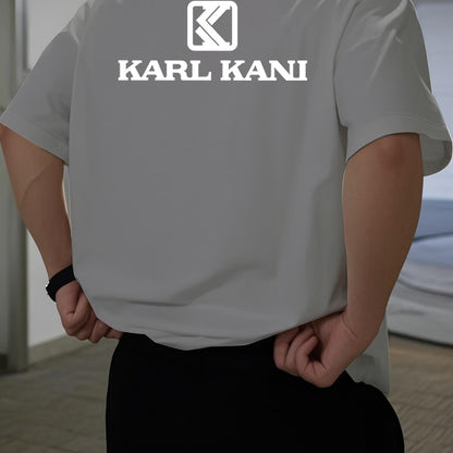 Men'S Casual Crew Neck T-Shirt with "KARL KANI" Graphic - Breathable, Moisture-Wicking, Short Sleeve, Regular Fit, Geometric Pattern, Ideal for Home & Outdoor Activities, All-Season Comfort, Outdoor Clothing | Relaxed Fit Shi