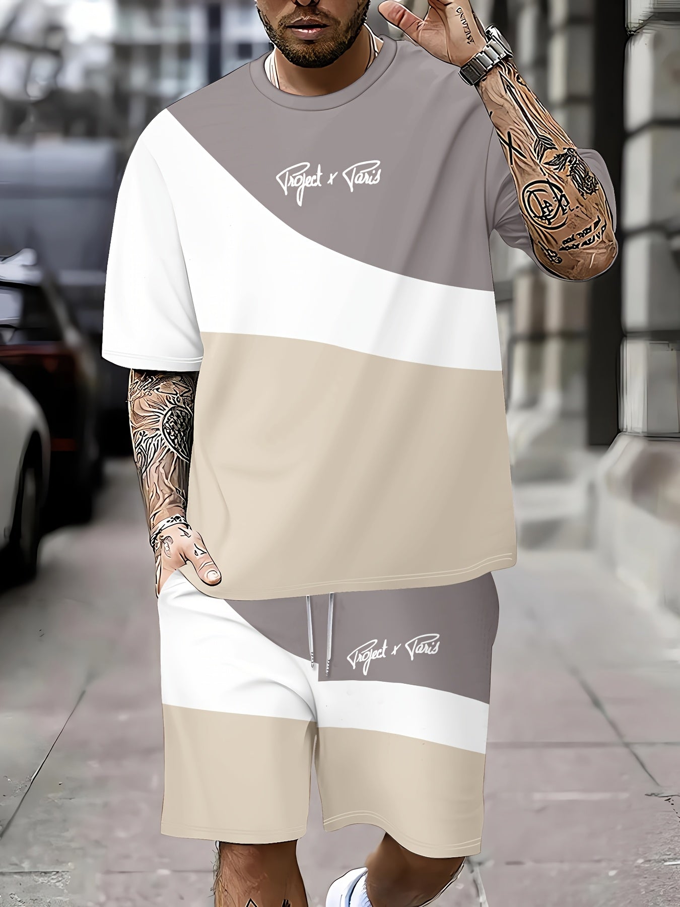 Men'S 3D Print Short Sleeve Set - Casual Athletic Beachwear with "Just & Vibes" Graphic, Beige & Gray, Drawstring Waist, Perfect for Outdoor Activities, Beach Outfit|Casual Style|Stretchy Fabric