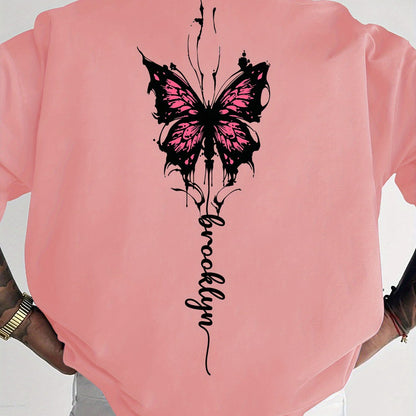 Men's Streetwear Graphic T-Shirt with Pink Butterfly & Brooklyn Letter Print - Loose Fit Casual Summer Tee, Breathable Round Neck Short Sleeve Shirt for Urban Fashion, Casual Attire, Streetstyle Tee, Relaxed Fit Top