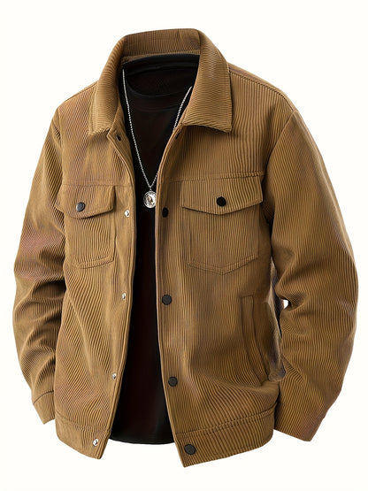 Men'S Plus Size Corduroy Bomber Jacket - Casual Workwear with Snap Buttons, Flap Pockets, and Polyester Lining - Machine Washable, Autumn & Spring Fashion, Casual Outerwear | Casual Jacket | Polyester Lining Jacket