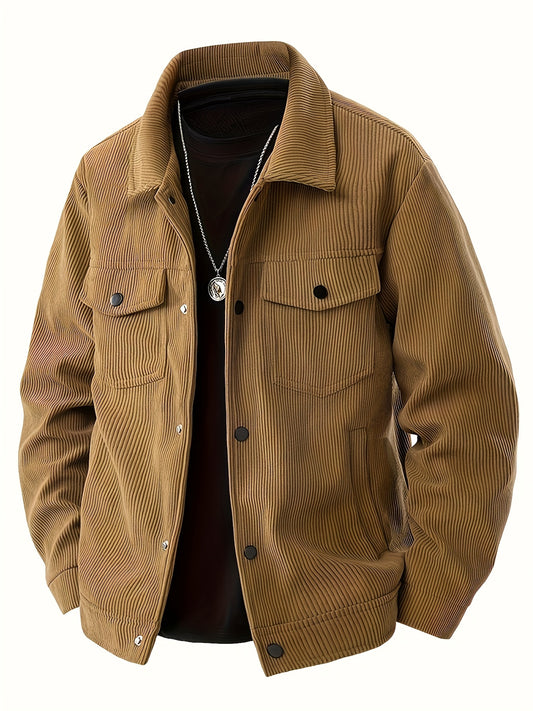 Men'S Plus Size Corduroy Bomber Jacket - Casual Workwear with Snap Buttons, Flap Pockets, and Polyester Lining - Machine Washable, Autumn & Spring Fashion, Casual Outerwear | Casual Jacket | Polyester Lining Jacket