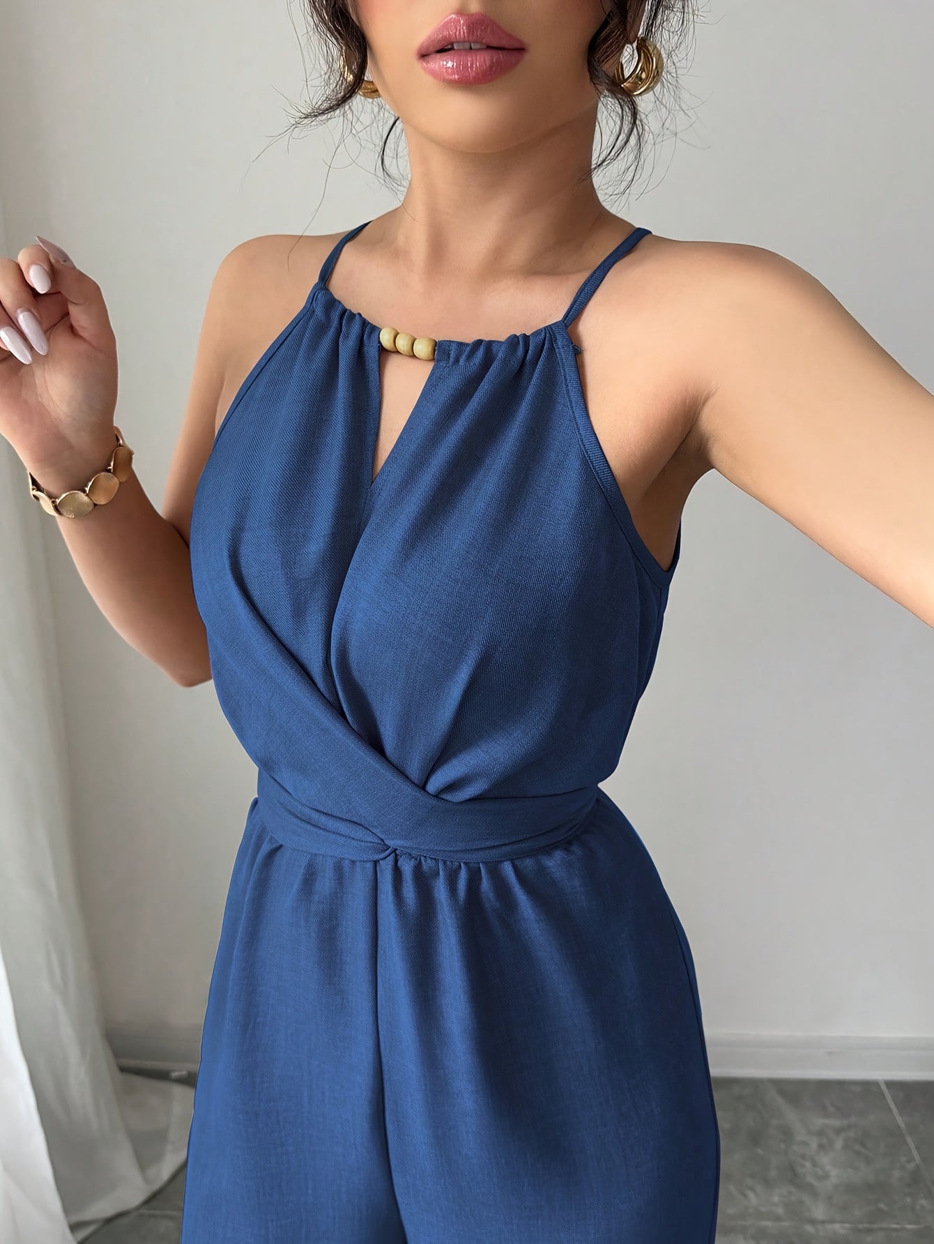Women'S Elegant Off-Shoulder Twist Front Jumpsuit - Beige Wide-Leg Jumpsuit with Adjustable Waist Tie, Perfect for Spring & Summer Casual or Dressy Outfits, Casual Chic Wear | Offshoulder Fashion | Polyester Fabric