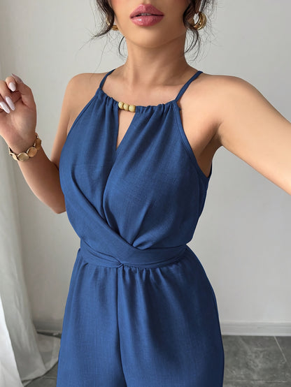 Women'S Elegant Off-Shoulder Twist Front Jumpsuit - Beige Wide-Leg Jumpsuit with Adjustable Waist Tie, Perfect for Spring & Summer Casual or Dressy Outfits, Casual Chic Wear | Offshoulder Fashion | Polyester Fabric