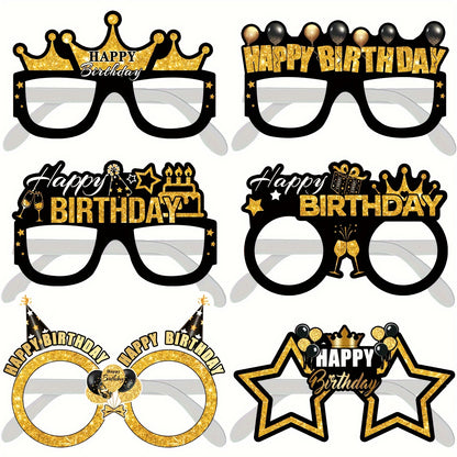 6pcs Happy Birthday Glasses - Golden & Black Novelty Eyewear Party Photo Props with Crown & Balloons Design, Perfect for Birthday Celebrations & Photo Booths, Birthday Accessories | Celebratory Eyewear | Durable Paper Props,