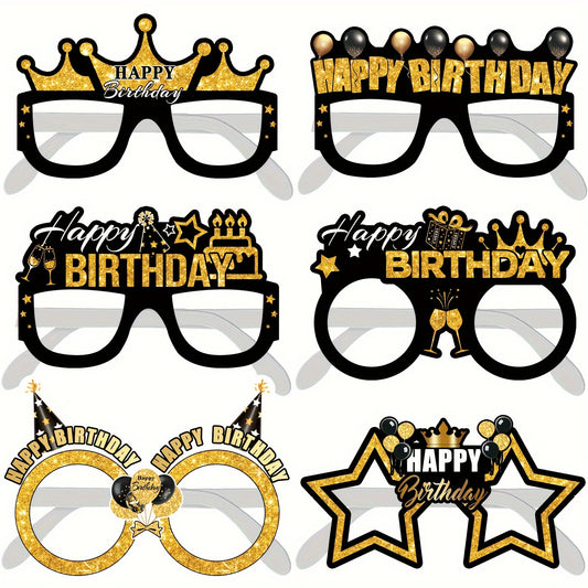 6pcs Happy Birthday Glasses - Golden & Black Novelty Eyewear Party Photo Props with Crown & Balloons Design, Perfect for Birthday Celebrations & Photo Booths, Birthday Accessories | Celebratory Eyewear | Durable Paper Props,
