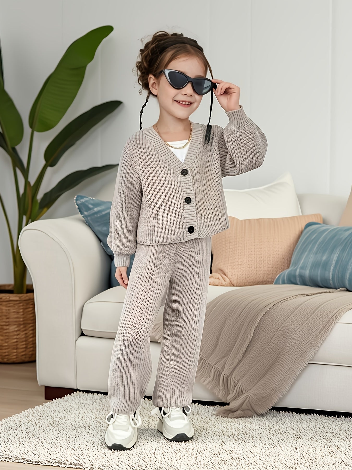 Girls' Spring/Autumn New Fashionable Long-Sleeve Knit Cardigan and Pants Two-Piece Set, Perfect for Outdoor