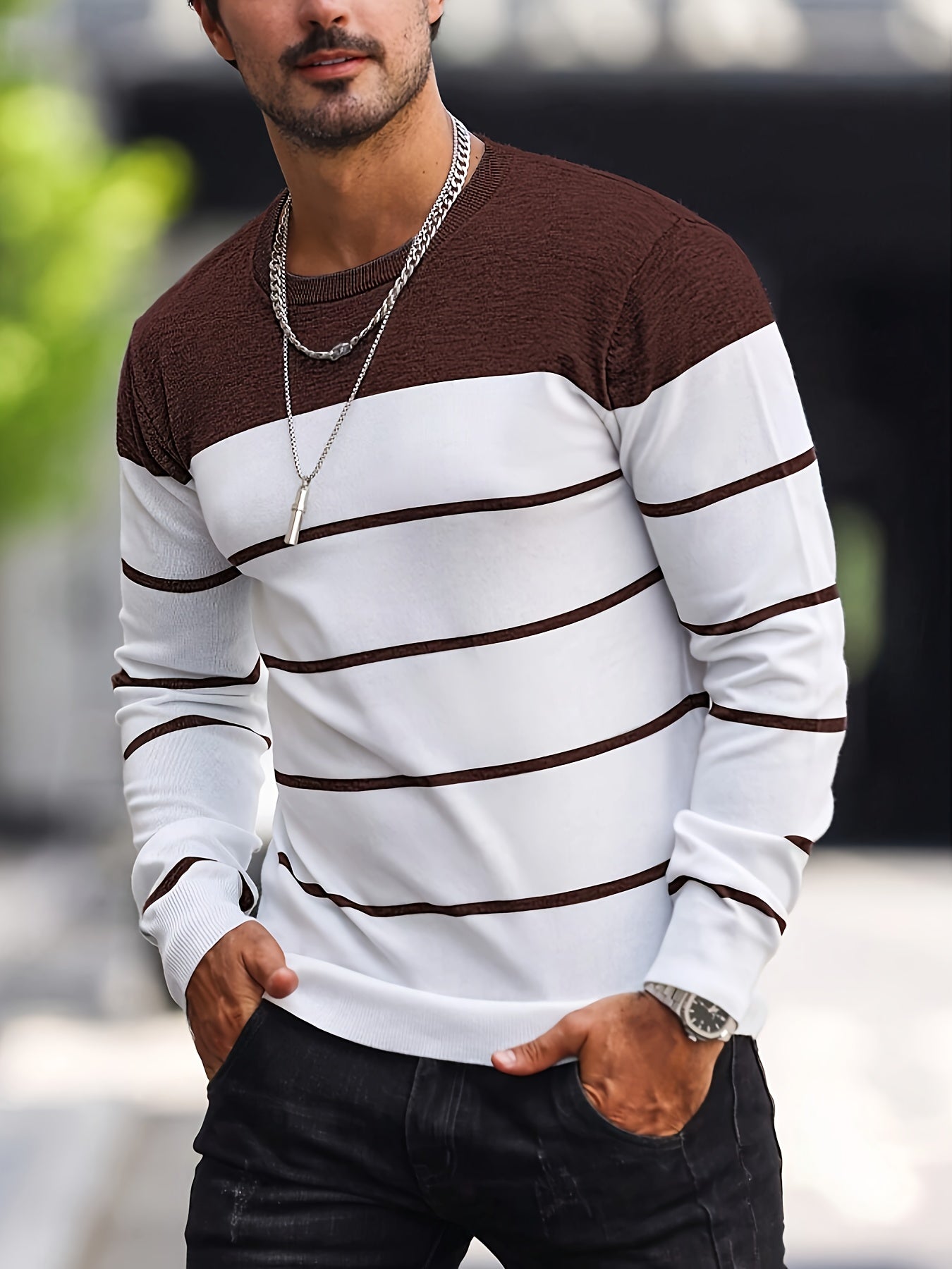 Men's Casual Striped Knit Pullover Sweater - Navy & White Contrast, Regular Fit H-Silhouette, Long Sleeve Crew Neck, Medium Stretch, Machine Washable for Spring & Fall, Mediumstretch Fabric