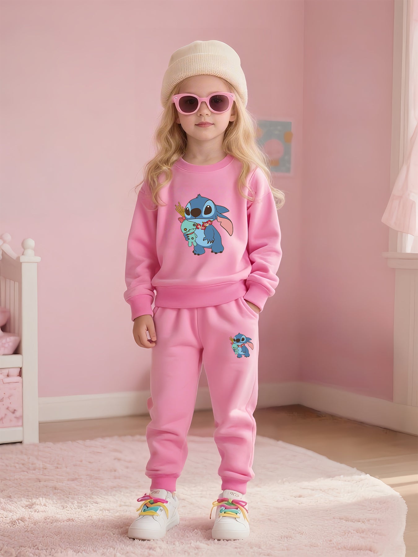 2pcs Disney Kids Casual Sweatshirt & Pants Set Stitch's Adorable Floral Adventure: A Heartwarming Cartoon Tale Long-Sleeve Crewneck, Children's clothing suitable for autumn and winter seasons, featuring cute cartoon patterns.
