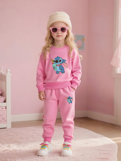 2pcs Disney Kids Casual Sweatshirt & Pants Set Stitch's Adorable Floral Adventure: A Heartwarming Cartoon Tale Long-Sleeve Crewneck, Children's clothing suitable for autumn and winter seasons, featuring cute cartoon patterns.