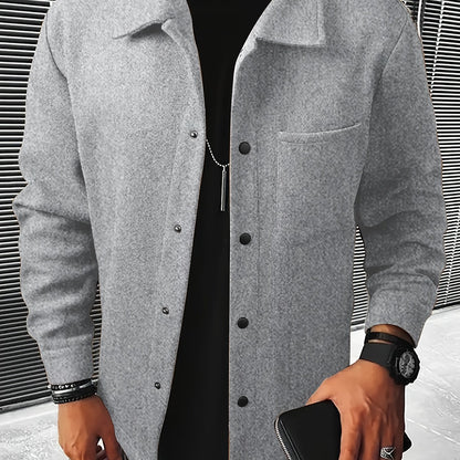 Men's Casual Button-Up Jacket with Front Pocket and Turn-Down Collar, Solid Color, PLUS SIZE