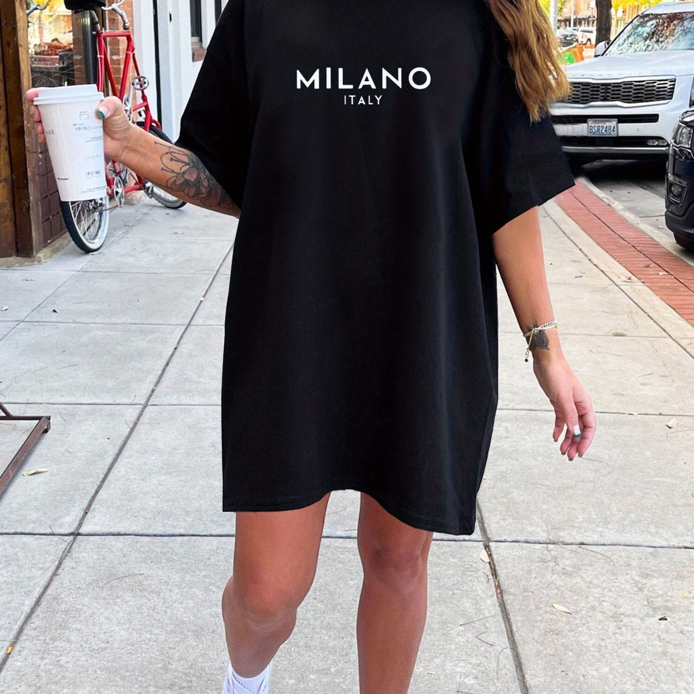 Women'S Casual T-Shirt Dress with "MILANO ITALY" Print, Short Sleeve, Round Neck, Loose Fit, White with Black Lettering, Perfect for Summer, Casual Summer Dress | Relaxed Fit Dress | Comfortable Fashion, Ladies T Shirts