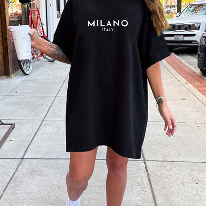 Women'S Casual T-Shirt Dress with "MILANO ITALY" Print, Short Sleeve, Round Neck, Loose Fit, White with Black Lettering, Perfect for Summer, Casual Summer Dress | Relaxed Fit Dress | Comfortable Fashion, Ladies T Shirts