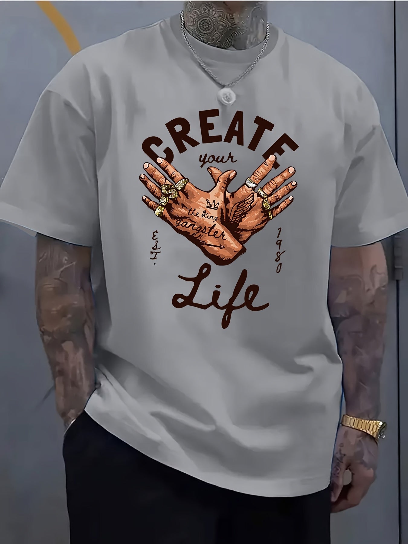 Men's Short-Sleeve T-Shirt with Inspirational "CREATE Your Own Life" Print & Prayer Hands Design - Elastic Round Neck, Breathable Fabric for Summer Outdoor Activities, Casual Comfort Fit, Machine Washable, Artistic Lifestyle