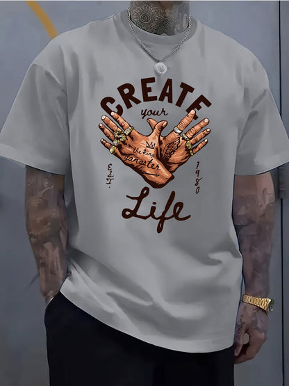 Men's Short-Sleeve T-Shirt with Inspirational "CREATE Your Own Life" Print & Prayer Hands Design - Elastic Round Neck, Breathable Fabric for Summer Outdoor Activities, Casual Comfort Fit, Machine Washable, Artistic Lifestyle