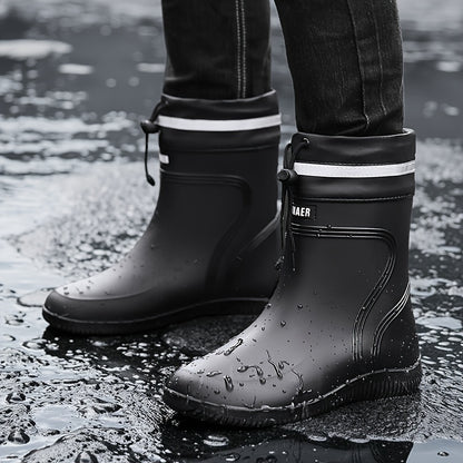 Men'S & Women'S Stylish Black Rain Boots with White Stripes - Waterproof, Slip-On, Round Toe Rain Boots for Outdoor Activities, Camping, and Beach Walking, Outdoor Footwear|Minimalist Design|PVC Upper Boots