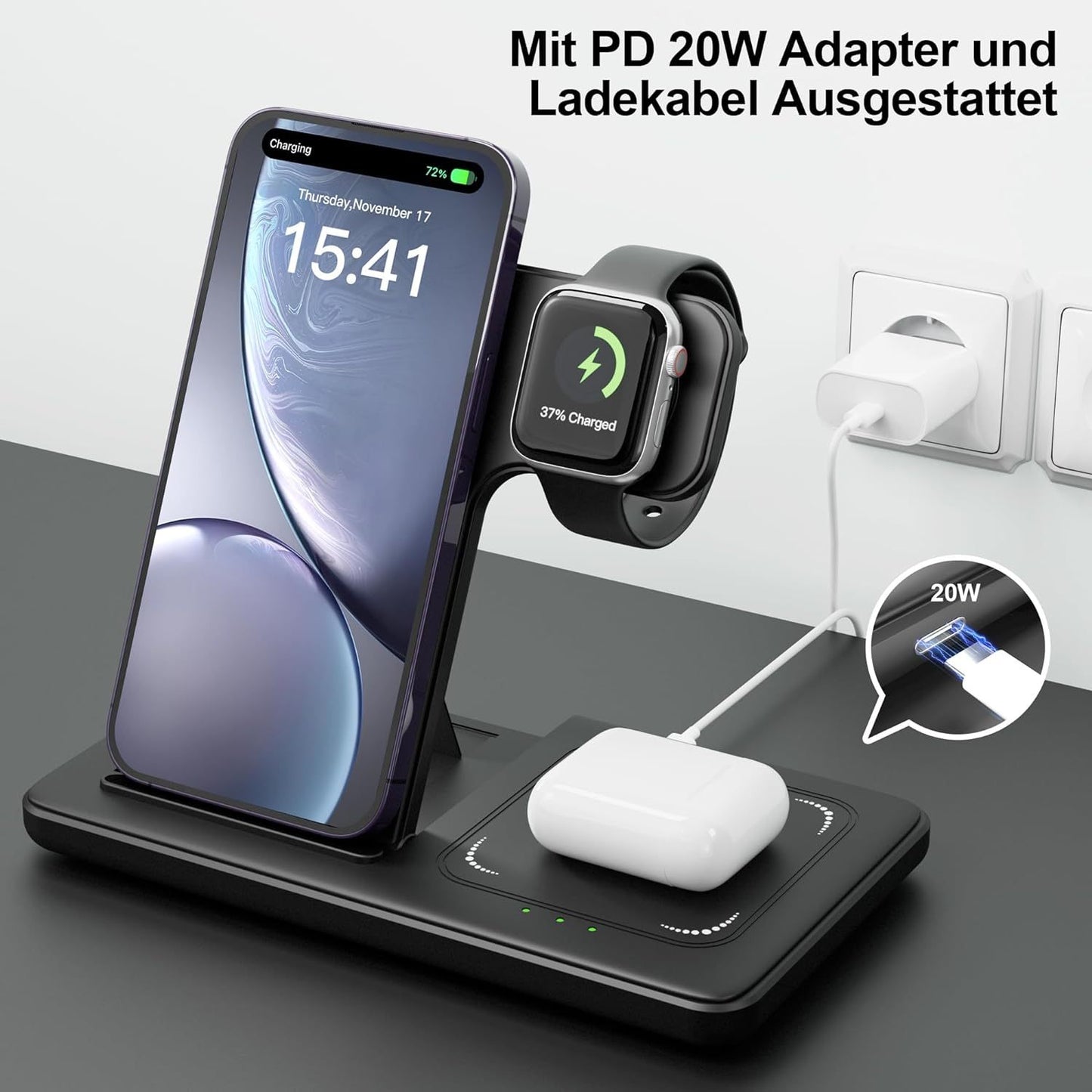 wireless charger, 3 in 1 Charging Station, With Adapter，15W Qi ladestation Fast Foldable Magnetic Stand Dock Replacement for iPhone 16 15 14 13 12 11 Pro Max XS XR X, iWatch 10 9 8 7 6 5 4 3 SE, AirPods 4 3 Pro (With Adapte