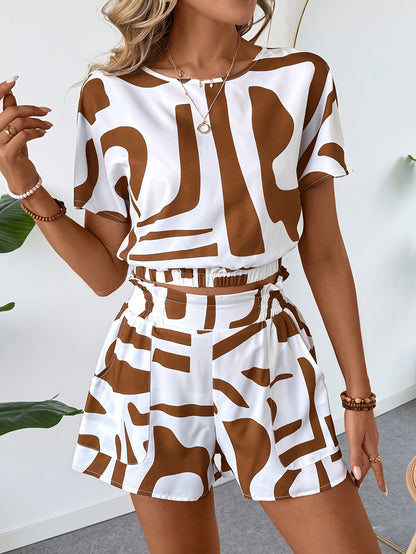 Women'S Elegant Geometric-Patterned Suit with Applique Details - White and Brown, Spring/Summer Collection, Includes a Blazer, Blouse, and Shorts, Casual Attire|Geometric Pattern|Woven Fabri