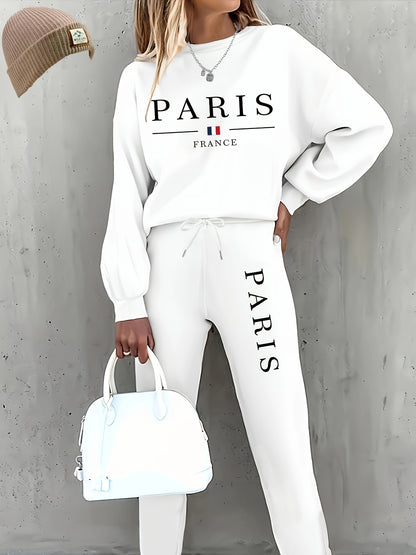 Targeted Autumn and Winter Fashion Print Two-Piece Set, Casual Long-Sleeve Fleece Pullover and Drawstring Jogger Pants Outfit for Women