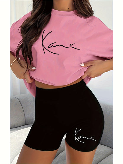 New fashionable casual creative pattern printed Women's fashion set, spring and summer new fashionable casual round neck T-shirt&sports shorts two-piece set