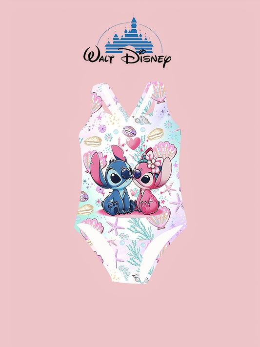 Authorized Disney Stitch Girls One-Piece Swimsuit Cute Fashion Cartoon Print Asymmetrical Hollow Design Elastic Breathable Fabric Suitable for Beach, Pool, Water Sports Hawaiian Holiday Gift Summer Swimsuit Elastic Fabric