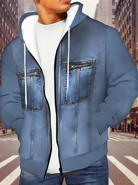 Men's Full-Zip Hoodie Jacket - Two-Tone Zipper Closure (white to), Adjustable Hood, Loose Fit Streetwear Coat - Soft Polyester Outer for Spring/Fall - Casual Outerwear for Everyday & Special Events, Zip Up Hoodie, Outdoor Wea
