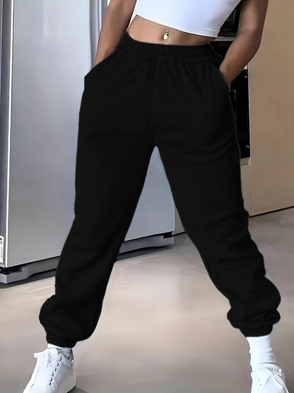 High-Waisted Elastic Jogger Pants for Women - 100% Polyester Casual Style Solid Color Trousers for Spring/Summer/Fall