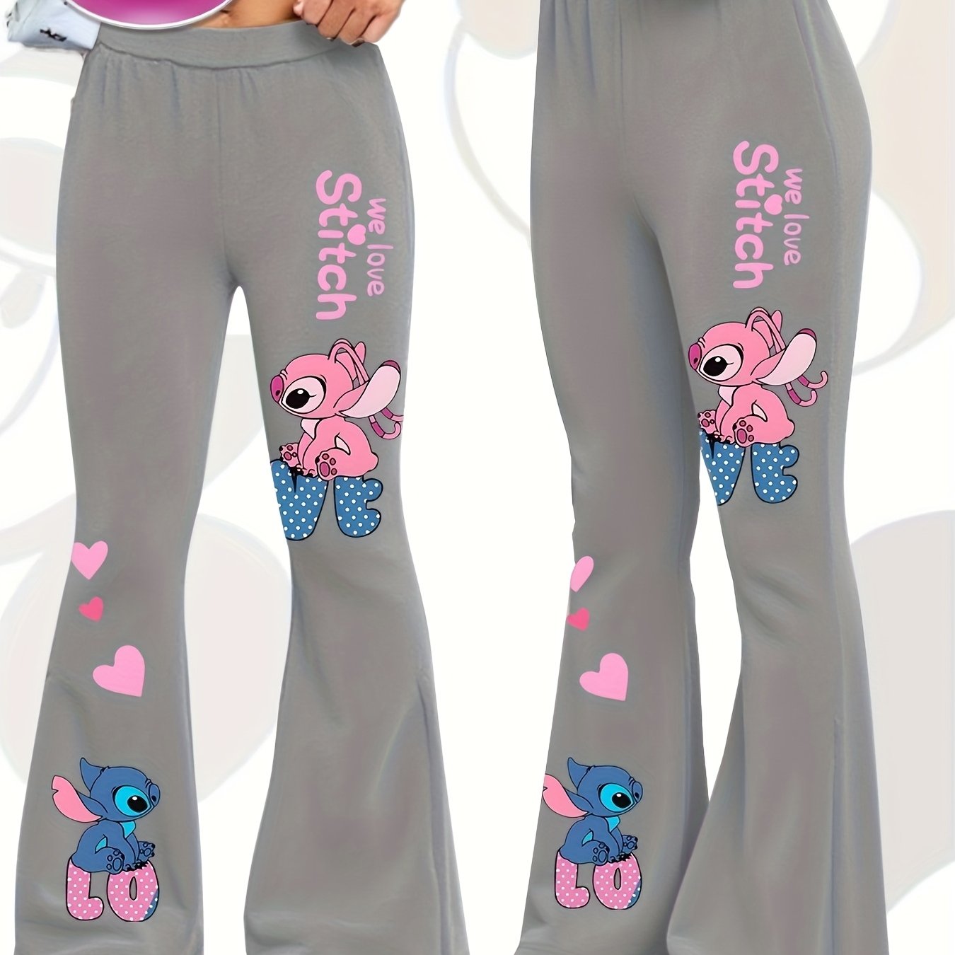 Disney Stitch Girls' Flare Pants - Official Stitch Character Design with Bell Bottoms, Grey with Pink Accents, Machine Washable Birthday Outfit for Disney Fans (Kids Girls) - Perfect Gift for Stitch Lovers, Everyday Kids Clot